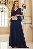 Navy Bat ermer Chiffon formell kjole med spalte