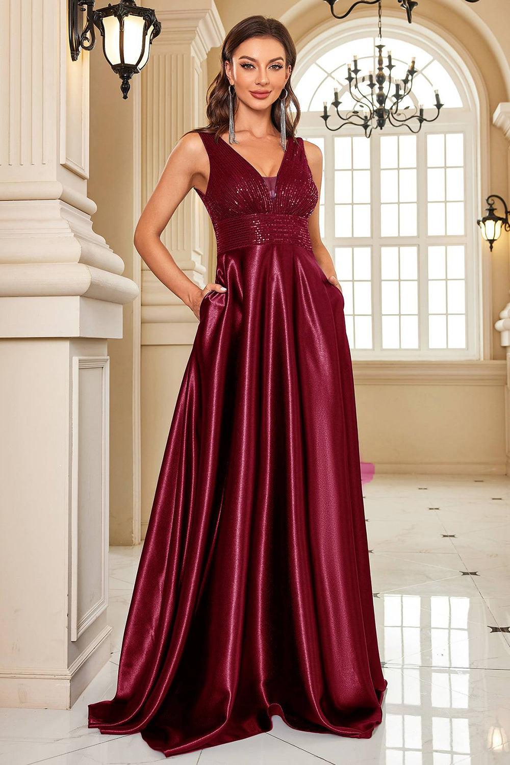 Navy Satin A-Line formell kjole med paljetter