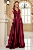 Navy Satin A-Line formell kjole med paljetter