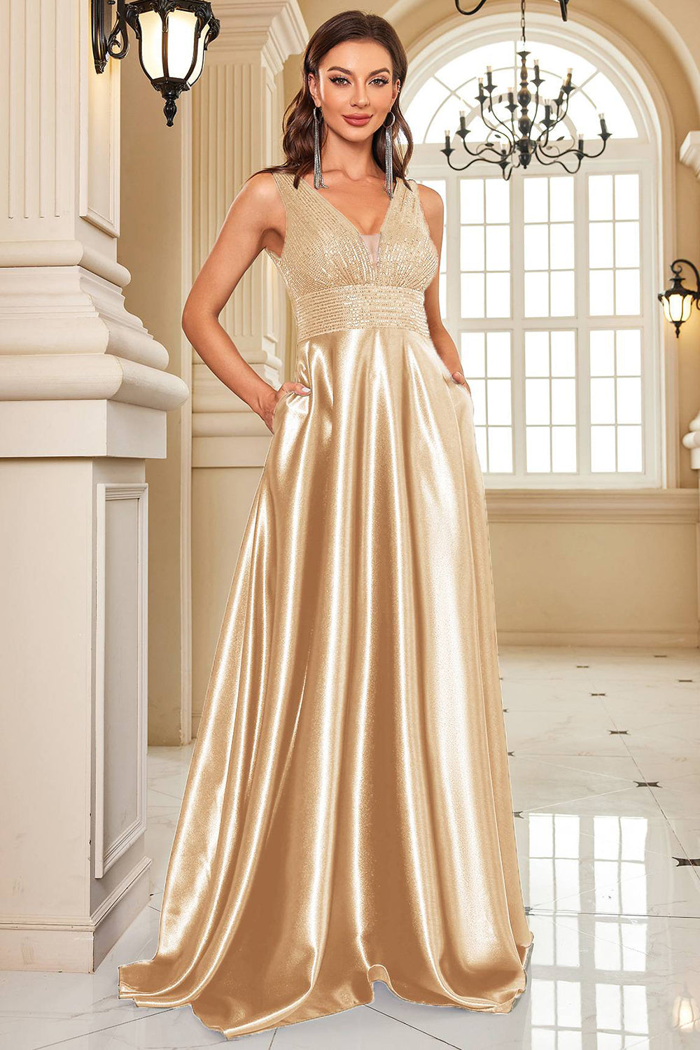 Navy Satin A-Line formell kjole med paljetter