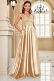 Navy Satin A-Line formell kjole med paljetter