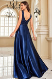 Navy Satin A-Line formell kjole med paljetter