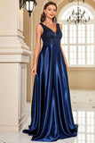 Navy Satin A-Line formell kjole med paljetter