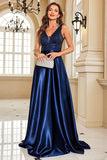 Navy Satin A-Line formell kjole med paljetter