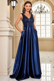Navy Satin A-Line formell kjole med paljetter