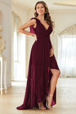 A-Line burgunder V-hals Chiffon High Low Prom kjole
