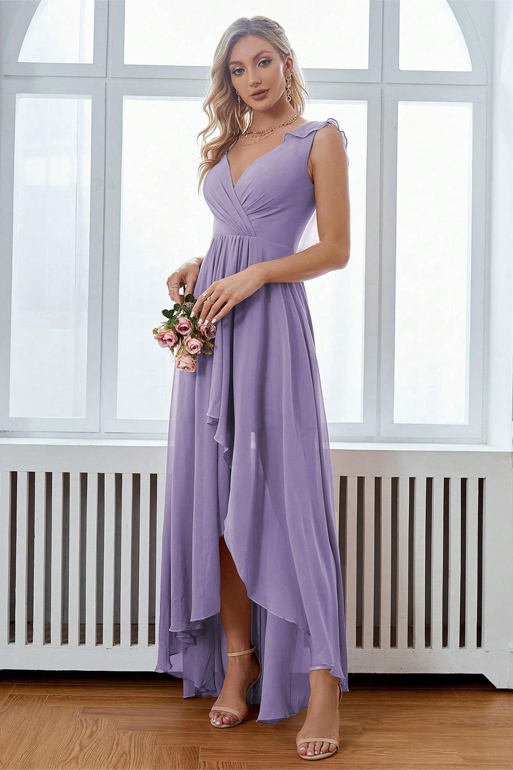 A-Line burgunder V-hals Chiffon High Low Prom kjole