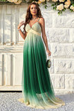 Grønn Gradient Spaghetti stropper A Line Prom Dress