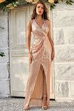 Champagne Slire Sparkly Prom Kjole med Slit