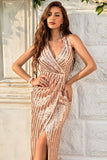 Champagne Slire Sparkly Prom Kjole med Slit