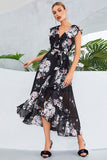 Svart A-Line V-hals Floral Print Chiffon Party Dress