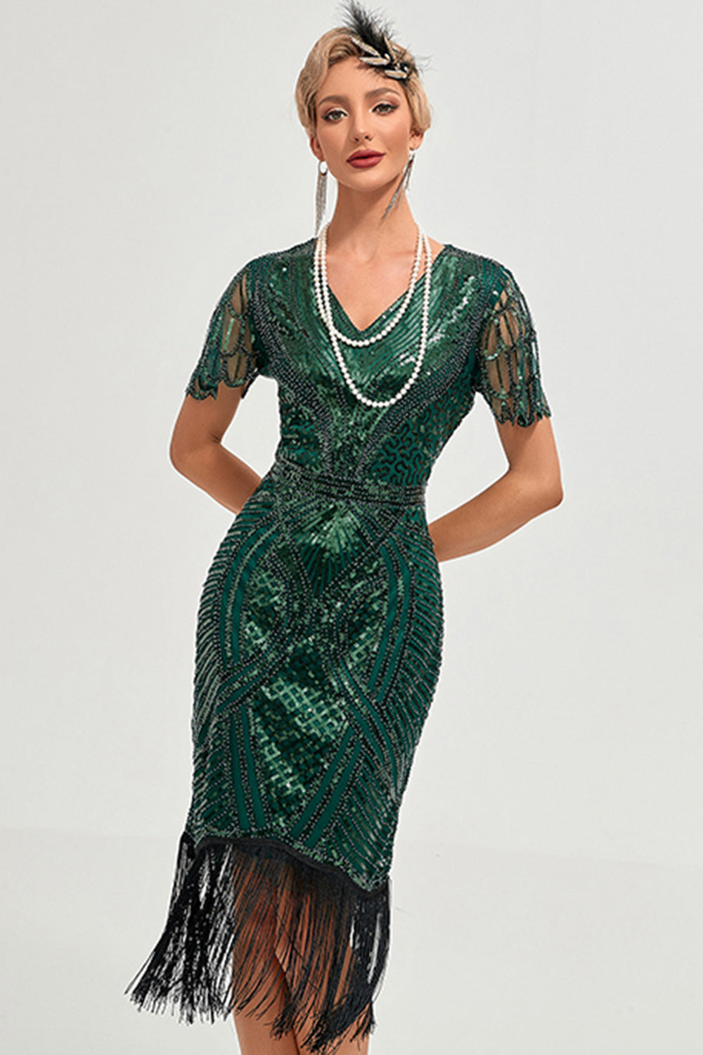 Sparkly Dark Green Beaded Fringed Cap Sleeves 1920 Gatsby Dress