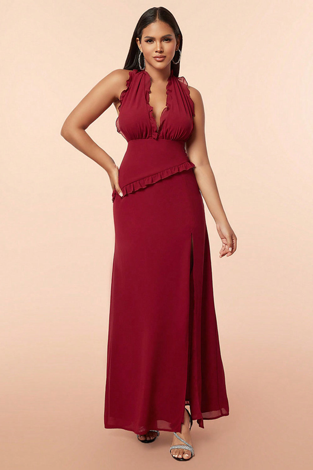 Burgund Halter Ruffles Prom kjole med Slit
