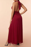 Burgund Halter Ruffles Prom kjole med Slit