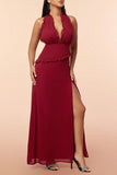 Burgund Halter Ruffles Prom kjole med Slit