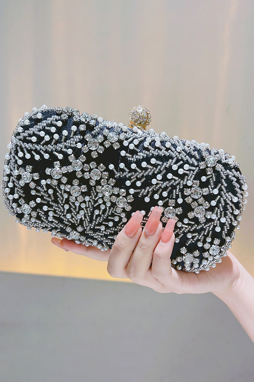 Glitrende svart Rhinestone Beaded Party Clutch