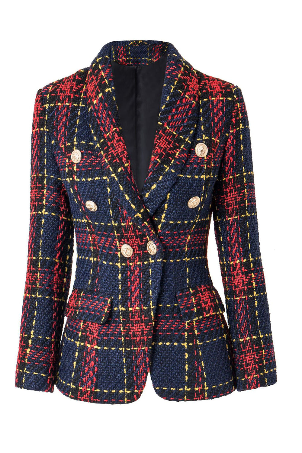 Blå Rød Slim Retro Lapel Plaid Women Blazer