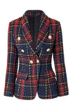 Blå Rød Slim Retro Lapel Plaid Women Blazer