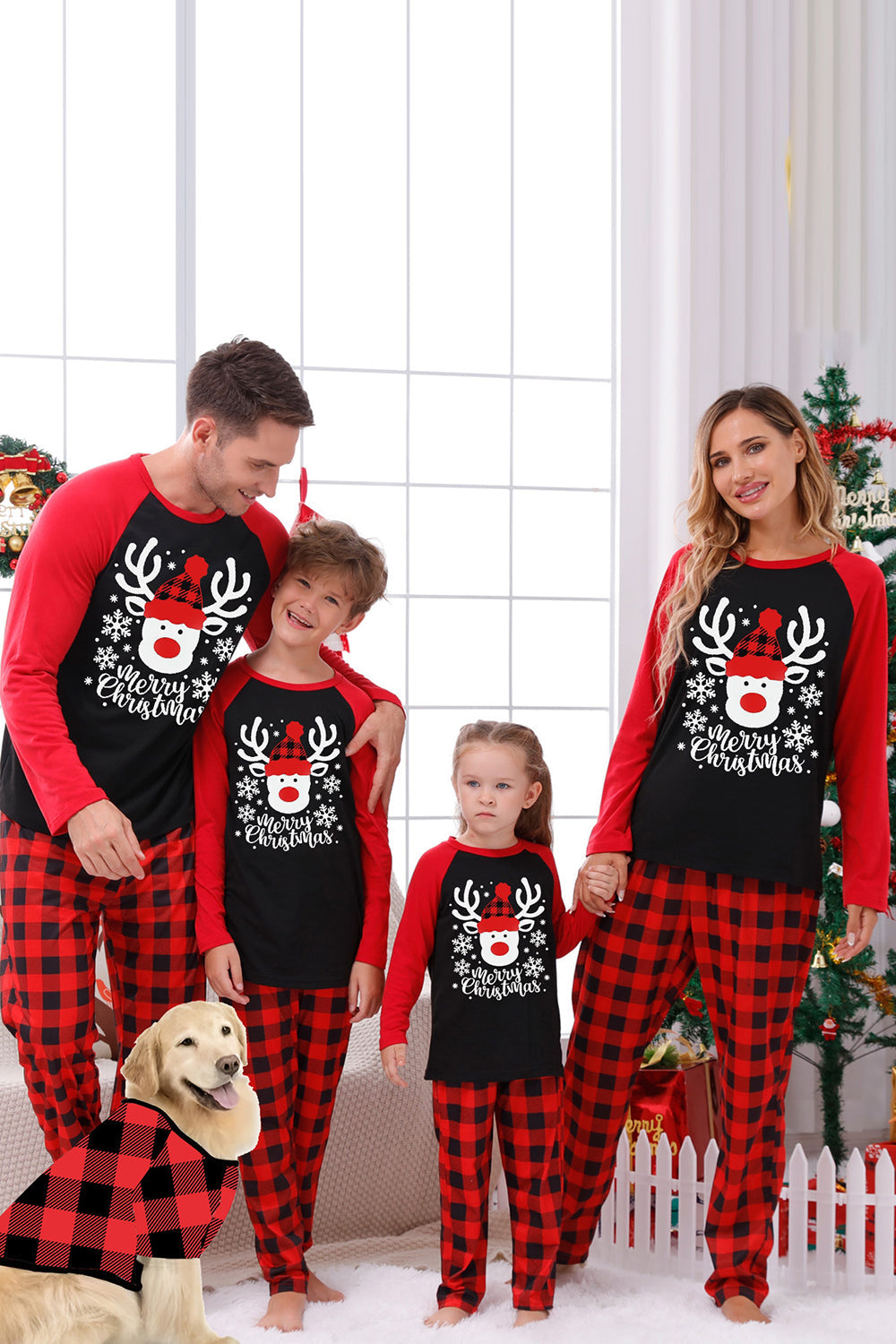Red Plaid Christmas Fmaily Print pyjamas sett med hund