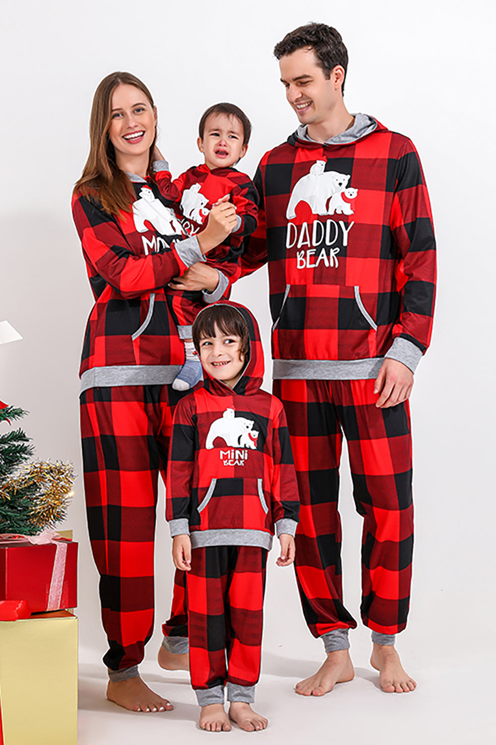 Christmas Family Red Grid Bear Print pyjamassett