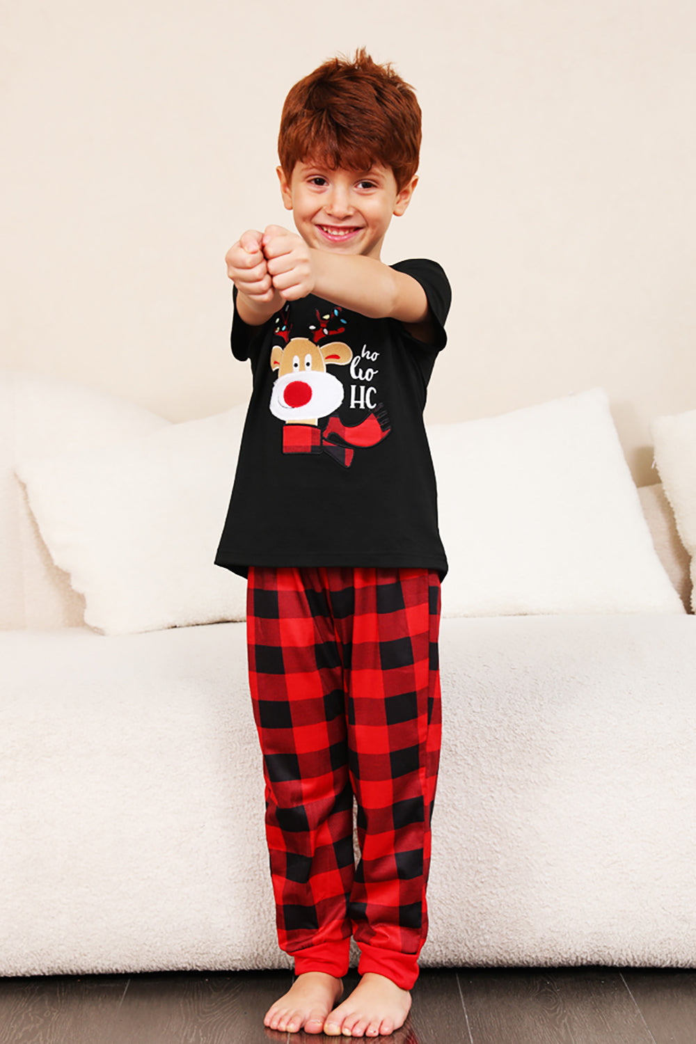 Red Plaid Christmas Family Matchende pyjamassett med korte ermer