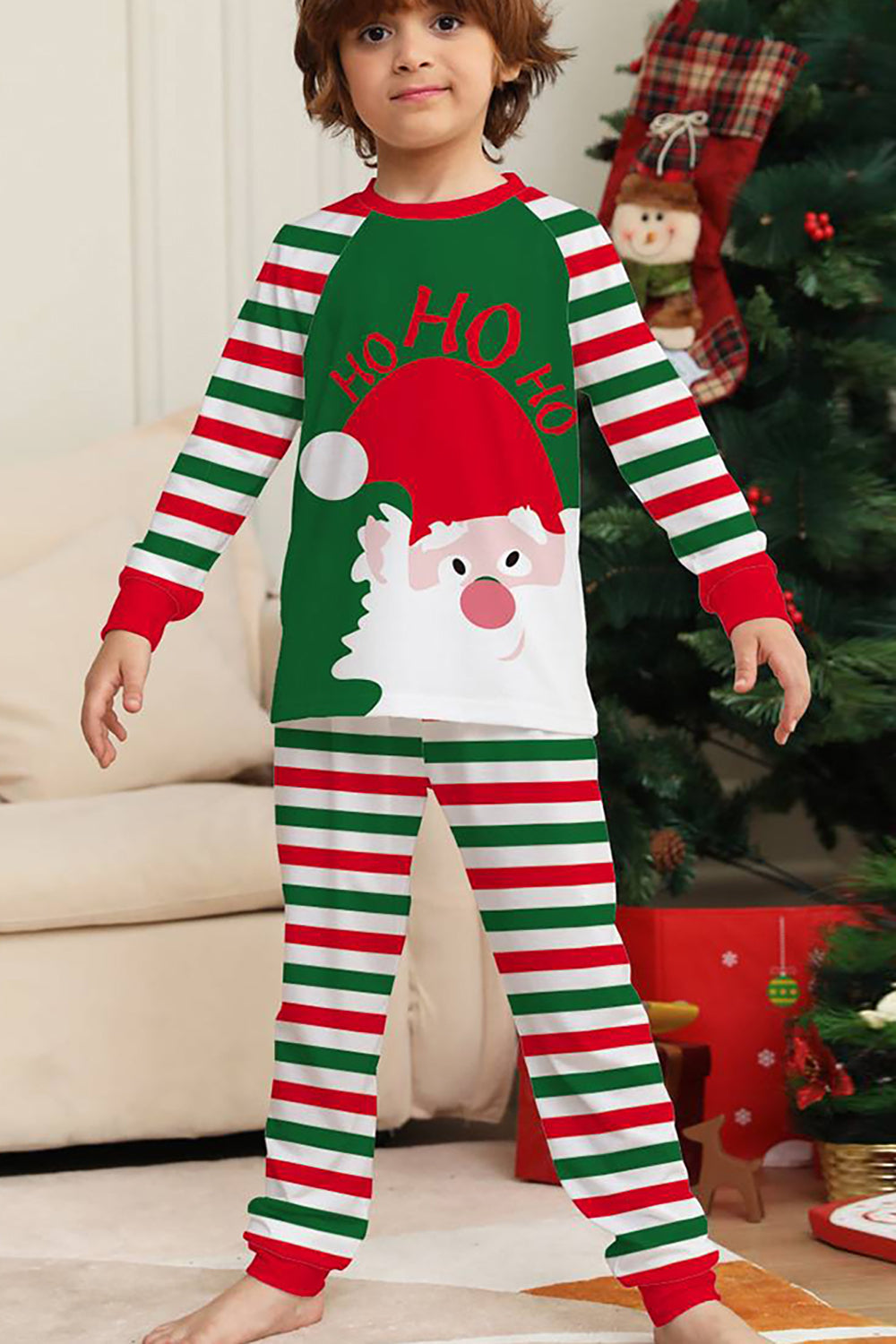 Grønne og røde striper Christmas Santa Claus Family Pyjamas Set