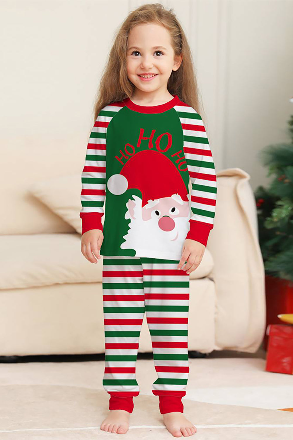 Grønne og røde striper Christmas Santa Claus Family Pyjamas Set