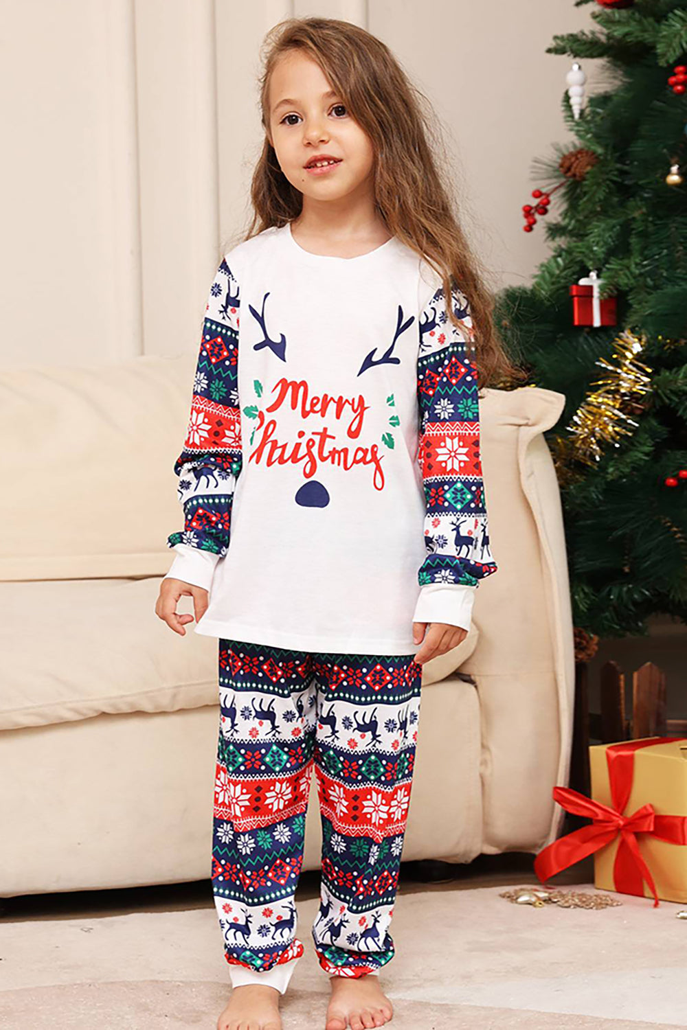 Hvitt og blått hjort snøfnuggmønster Christmas Family Matchende pyjamassett