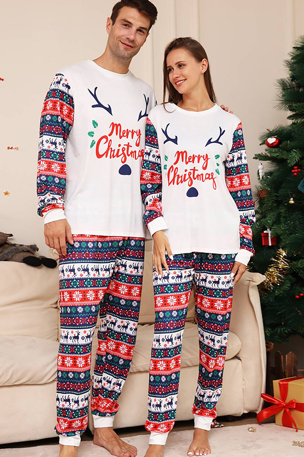Hvitt og blått hjort snøfnuggmønster Christmas Family Matchende pyjamassett