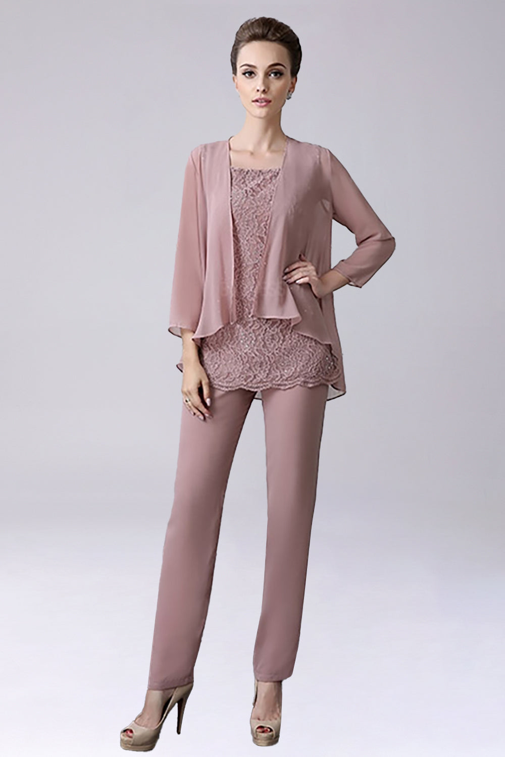 Dusty Rose 3 stk Chiffon Mother of Bride Pant Suits
