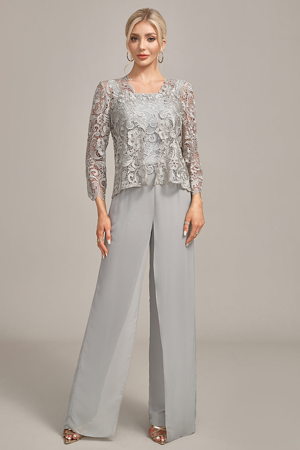 Sølv Chiffon Pant og blonder Top Mor til bruden Wide Pant Suits
