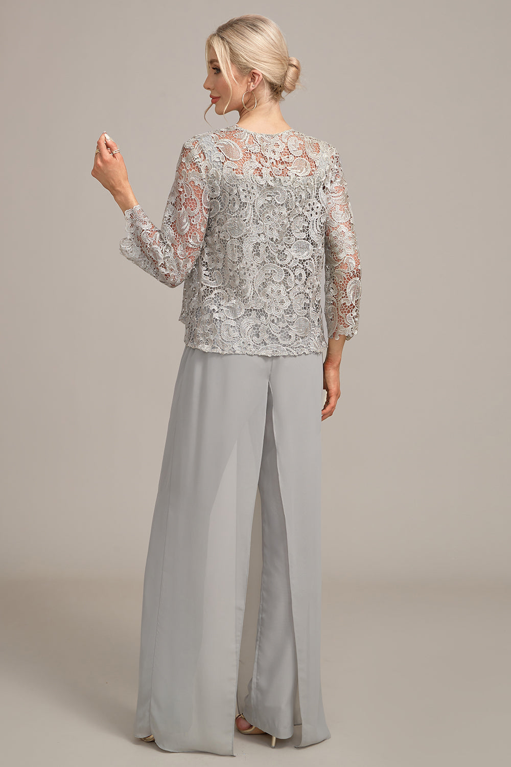 Sølv Chiffon Pant og blonder Top Mor til bruden Wide Pant Suits