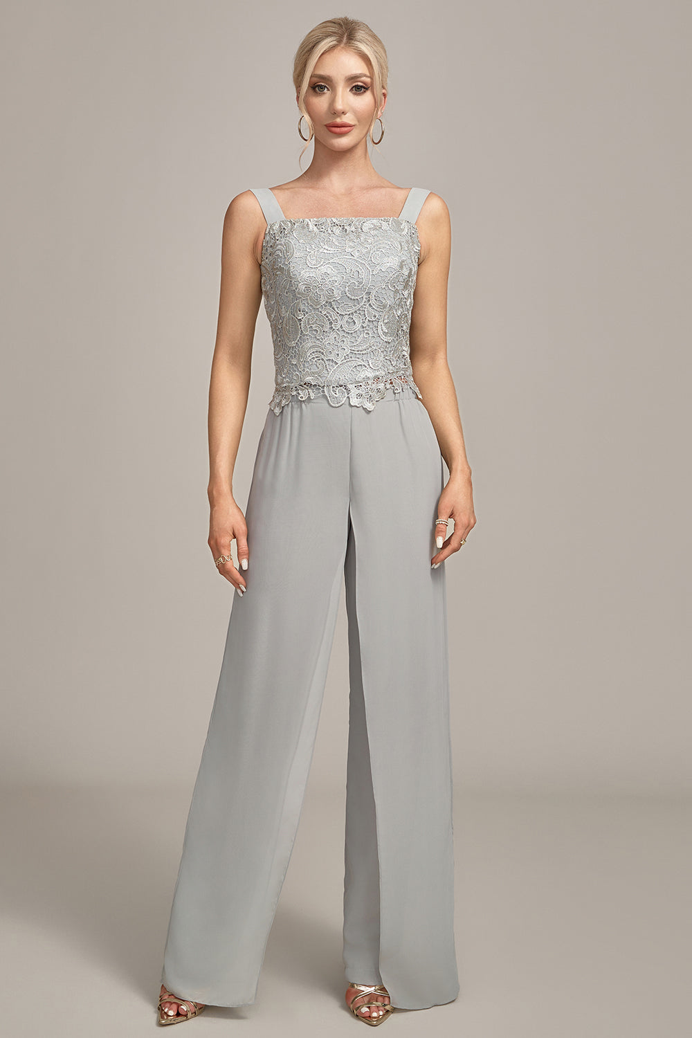 Sølv Chiffon Pant og blonder Top Mor til bruden Wide Pant Suits