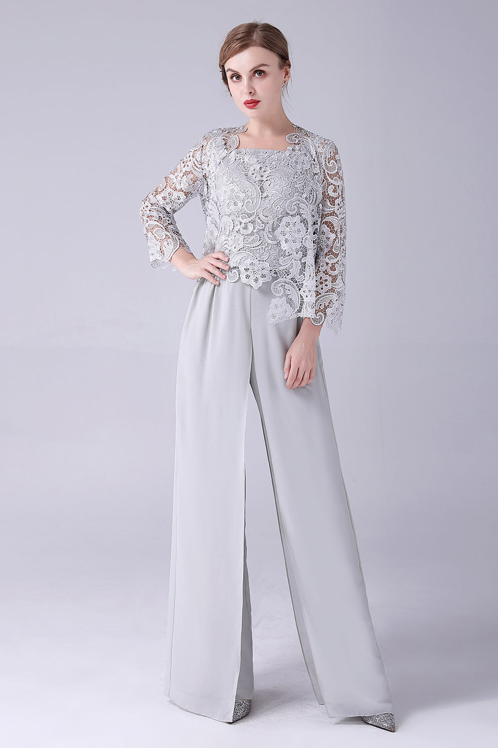 Sølv Chiffon Pant og blonder Top Mor til The Bride Pant Suits