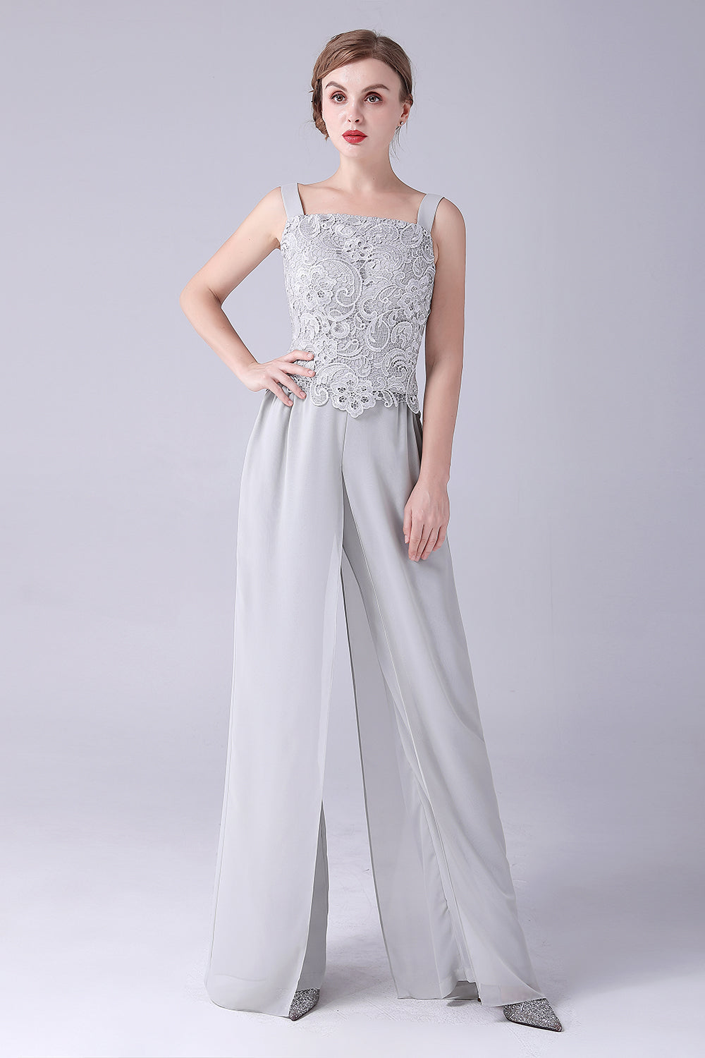 Sølv Chiffon Pant og blonder Top Mor til The Bride Pant Suits