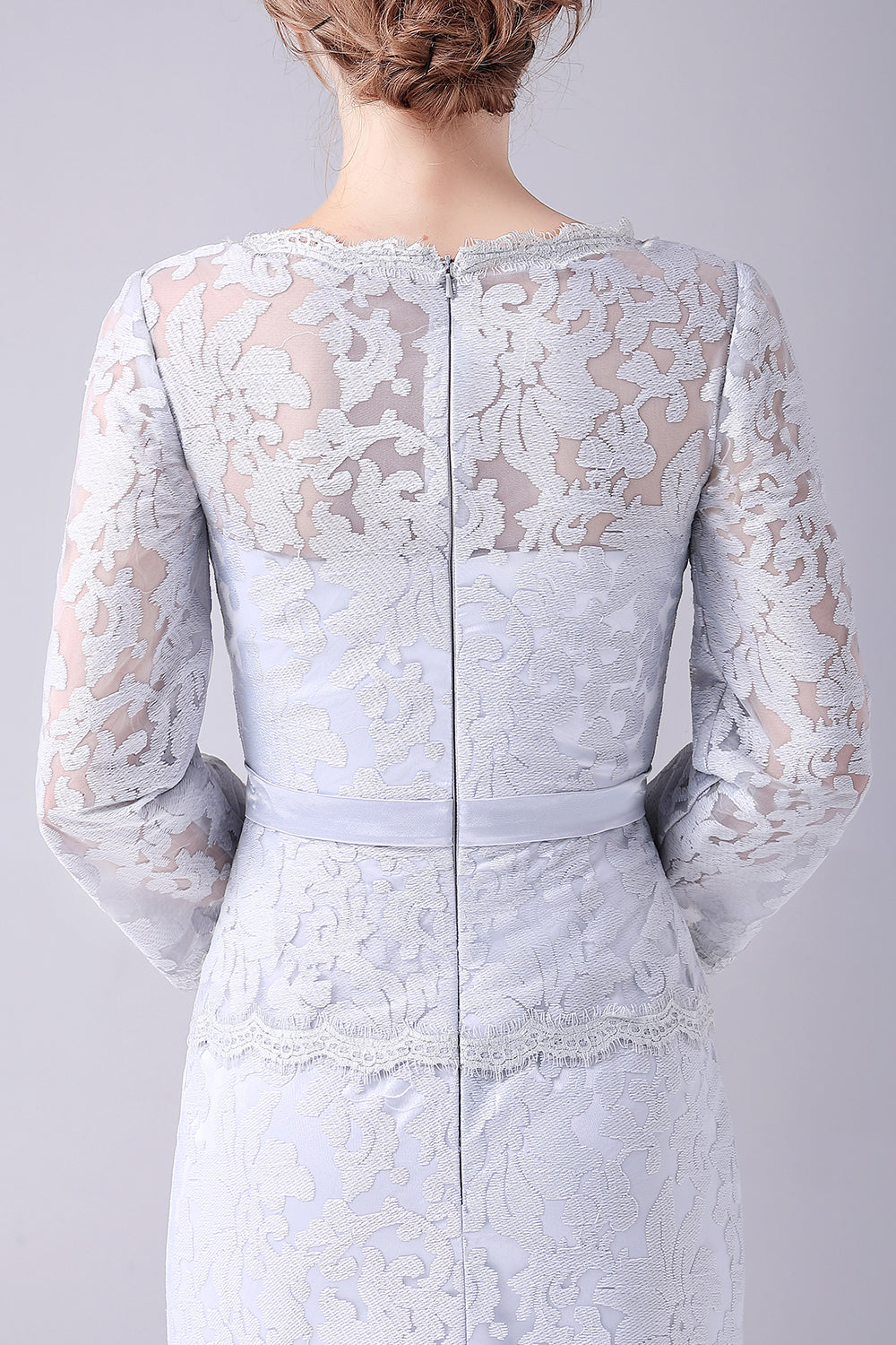 Sølv blonder skjede lange ermer gulvlengde mor til bruden kjole