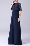 Navy korte ermer A-line Chiffon gulvlengde mor til bruden kjole