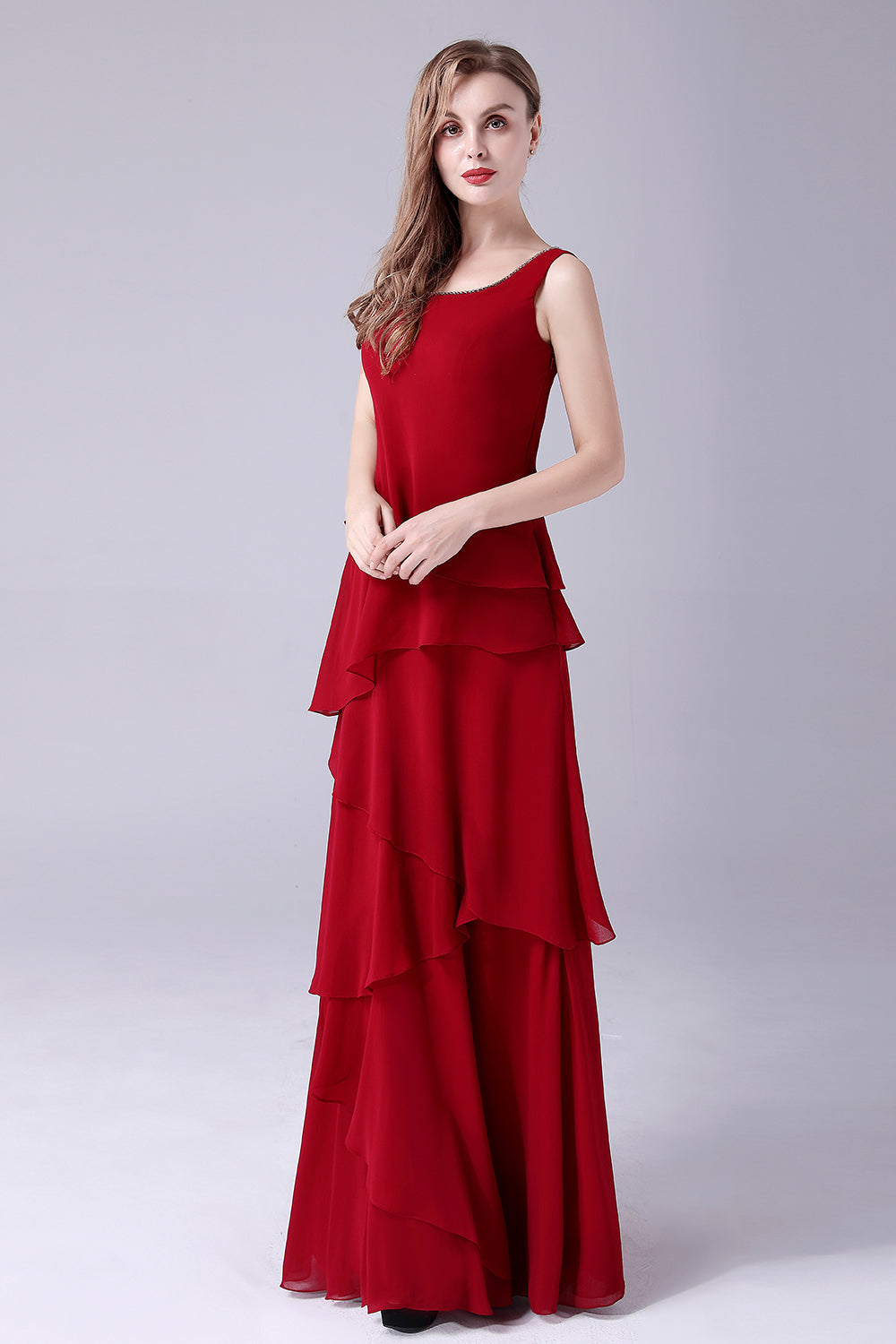 Burgund A-Line Scoop Neck Chiffon gulvlengde mor til bruden kjole
