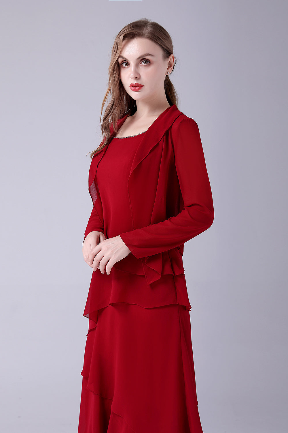 Burgund A-Line Scoop Neck Chiffon gulvlengde mor til bruden kjole