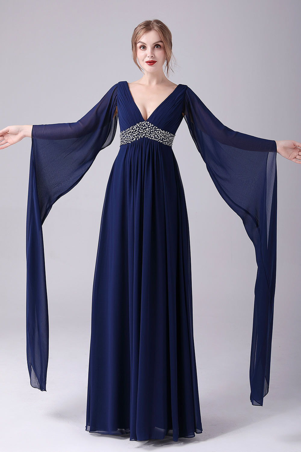 Navy A-Line V-Neck Chiffon gulvlengde mor til bruden kjole med plissert