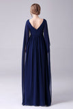 Navy A-Line V-Neck Chiffon gulvlengde mor til bruden kjole med plissert