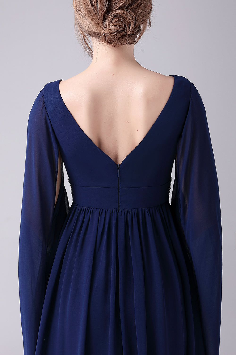 Navy A-Line V-Neck Chiffon gulvlengde mor til bruden kjole med plissert