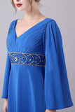 Royal Blue A-Line V-hals plissert gulvlengde mor til bruden kjole med perler