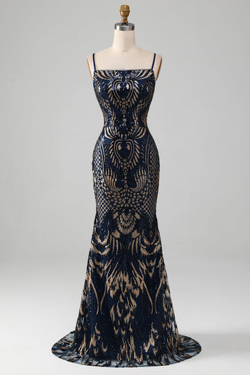 Sparkly Navy Spaghetti stropper Mermaid Prom kjole