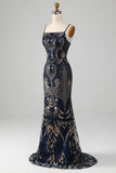 Sparkly Navy Spaghetti stropper Mermaid Prom kjole