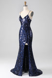 Glitrende Sequin Mermaid Spaghetti Strap Prom Kjole med Slit