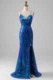 Royal Blue Mermaid Sparkly Prom Dress med Slit