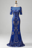 Mermaid Royal Blue Sparkly Prom kjole med korte ermer