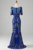 Mermaid Royal Blue Sparkly Prom kjole med korte ermer