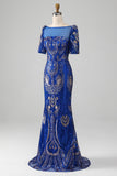 Mermaid Royal Blue Sparkly Prom kjole med korte ermer